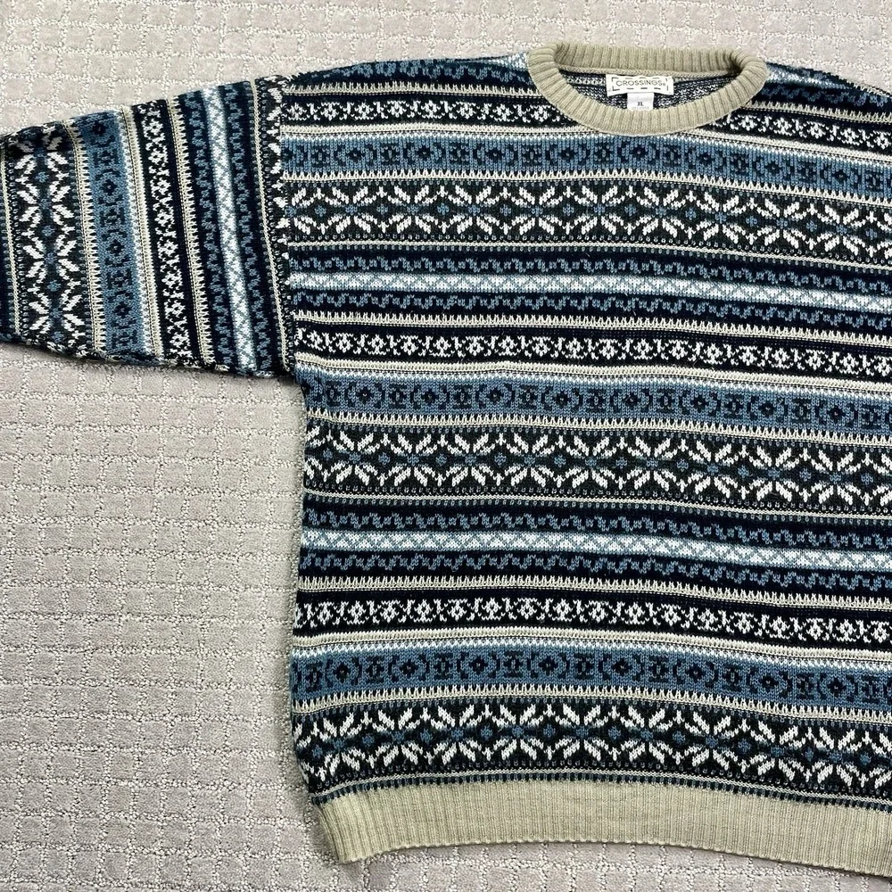 Vintage 90s Colorful Blue‎ Crossings Knit Size XL Geometric Abstract Sweater